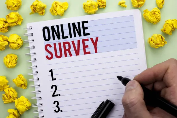 Writing note showing  Online Survey. Business photo showcasing Digital Media Poll Customer Feedback Opinions Questionnaire written By Man Holding Marker on Notebook Book. — Stock Photo, Image