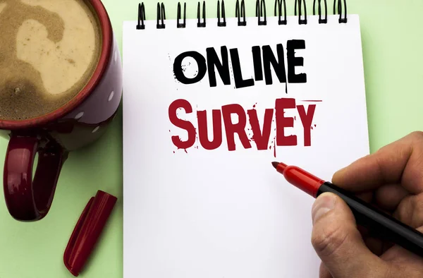 Word writing text Online Survey. Business concept for Digital Media Poll Customer Feedback Opinions Questionnaire written by Man on Notebook Book Holding Marker on the plain background Coffee Cup — Stock Photo, Image