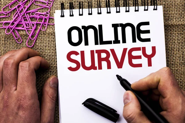 Text sign showing Online Survey. Conceptual photo Digital Media Poll Customer Feedback Opinions Questionnaire written by Man Holding Marker on Notebook Book on the jute background Pins next to it — Stock Photo, Image