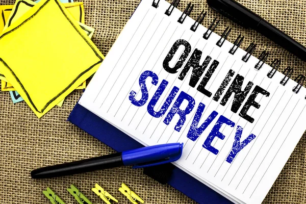 Conceptual hand writing showing Online Survey. Business photo showcasing Digital Media Poll Customer Feedback Opinions Questionnaire written on Notebook Book on the jute background Clips and Pens — Stock Photo, Image