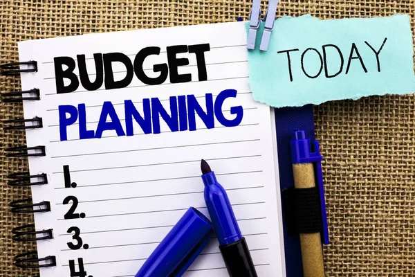 Word writing text Budget Planning. Business concept for Financial Plannification Evaluation of earnings and expenses written on Notebook Book on the jute background Today Pens next to it. — Stock Photo, Image