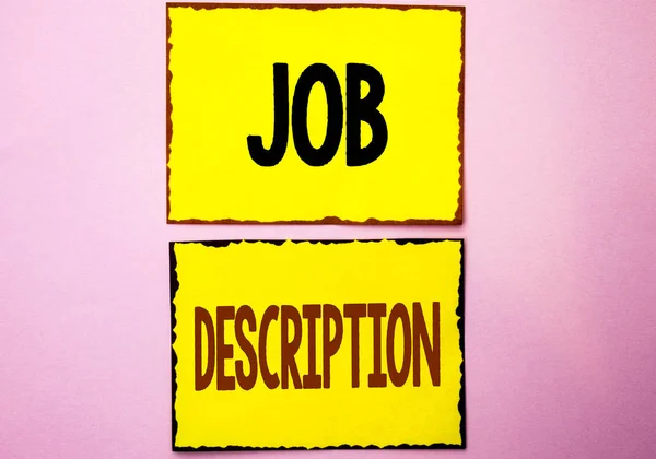 Word writing text Job Description. Business concept for Document that establishes duties requirements exprerience written on Yellow Sticky Notes on the Pink background. — Stock Photo, Image