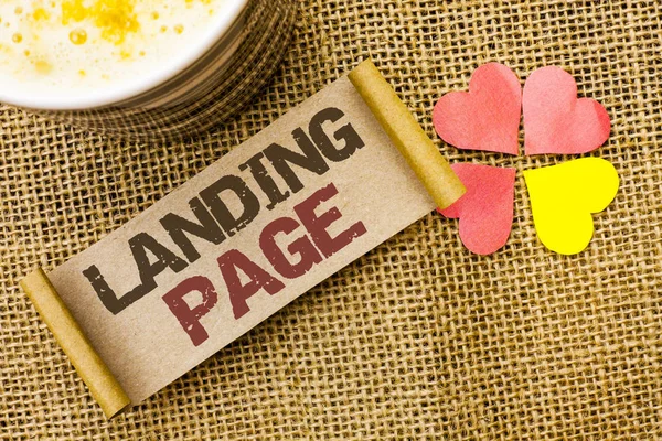 Writing note showing  Landing Page. Business photo showcasing Website accessed by clicking a link on another web page written on sticky Note on the jute background Love Hearts next to it. — Stock Photo, Image