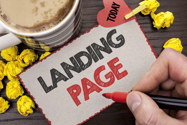 Writing note showing  Landing Page. Business photo showcasing Website accessed by clicking a link on another web page written Man Holding Marker on Cardboard wooden background Today Coffee. — Stock Photo, Image
