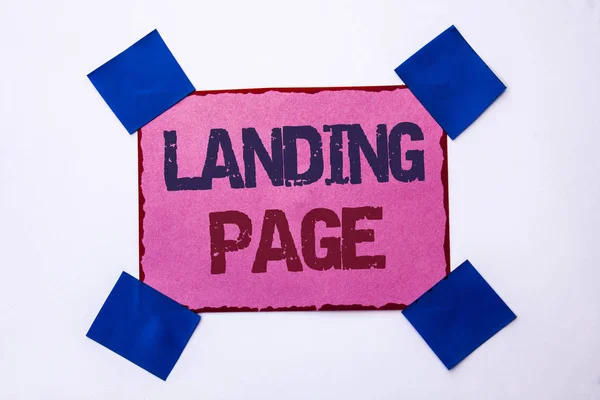 Conceptual hand writing showing Landing Page. Business photo text Website accessed by clicking a link on another web page written on Pink Sticky Note Paper on the plain background. — Stock Photo, Image