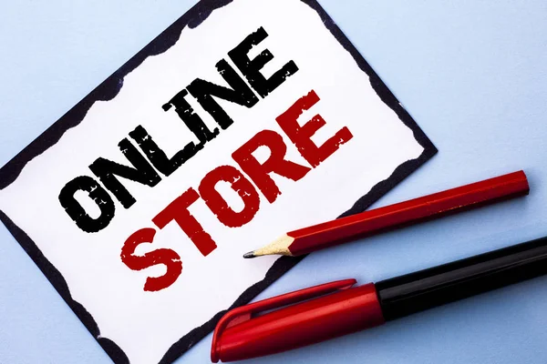Conceptual hand writing showing Online Store. Business photo text Internet related business Website where you can buy in the net written on White Sticky Note Paper on the Blue background Pen Pencil — Stock Photo, Image