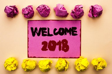 Word metin yazma hoş geldiniz 2018. İş kavramı kutlama yeni kutlamak gelecek tatminkar düz arka plan kağıt topları pembe yapışkan not kağıdına yazılı dilek için.