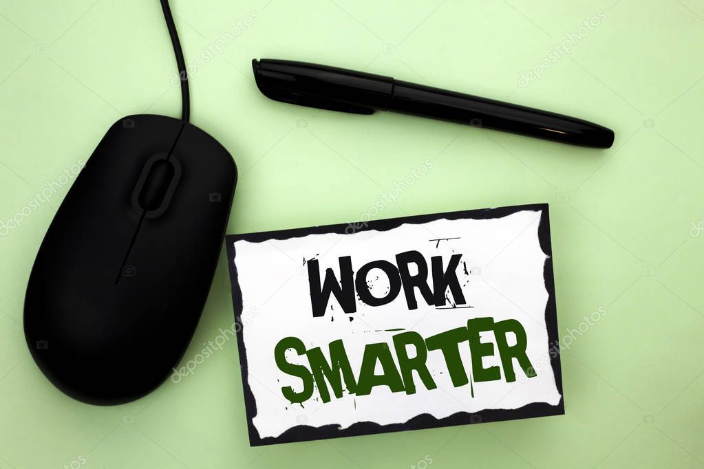 Text sign showing Work Smarter. Conceptual photo Efficient Intelligent Job Task Effective Faster Method written on Sticky Note Paper on the plain background Pen and Mouse next to it.