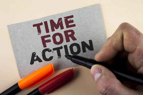 Conceptual hand writing showing Time For Action. Business photo text Do not sit idle take initiative get work done duly written by Man with Marker on Cardboard Piece on plain background