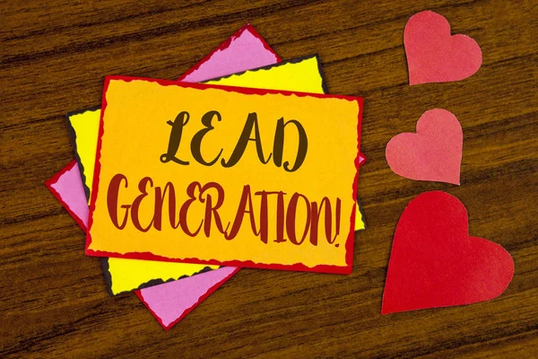 Text sign showing Lead Generation Motivational Call. Conceptual photo Sales pipeline digital generating leads written on Sticky note paper on wooden background Hearts next to it.