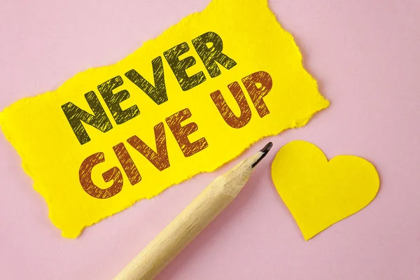 Writing note showing  Never Give Up. Business photo showcasing Be persistent motivate yourself succeed never look back written on Tear Yellow paper piece on Pink background Heart next to it. — Stock Photo, Image