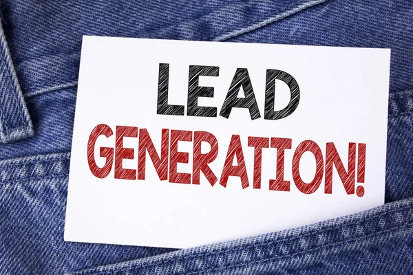 Text sign showing Lead Generation Motivational Call. Conceptual photo Sales pipeline digital generating leads written on Sticky Note Paper on the Jeans background.