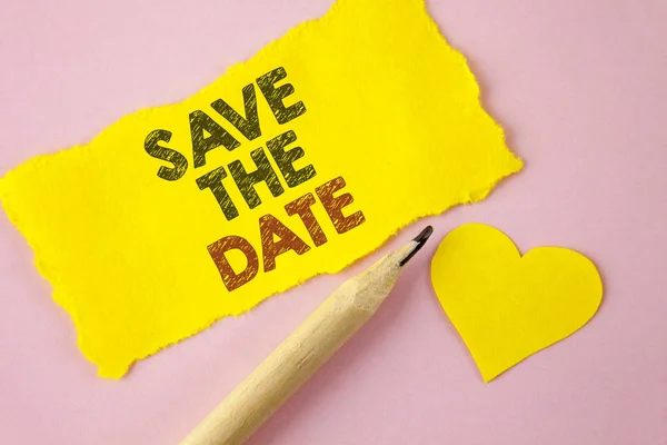 Writing note showing  Save The Date. Business photo showcasing Organizing events well make day special by event organizers written on Tear Yellow paper piece on Pink background Heart next to it. — Stock Photo, Image