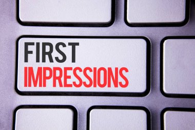 Handwriting text First Impressions. Concept meaning Encounter presentation performance job interview courtship written on white keyboard key with copy space Top view. clipart