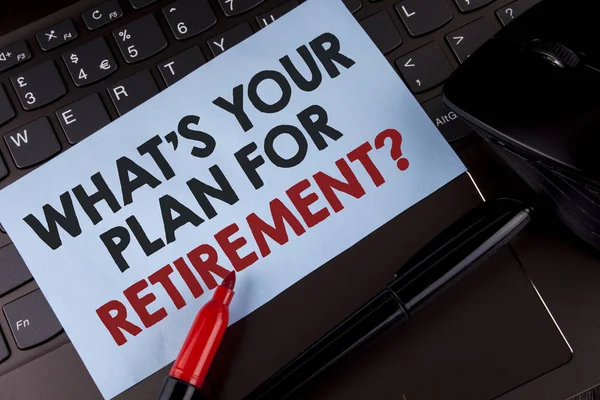 Conceptual hand writing showing What IS Your Plan For Retirement Question. Business photo showcasing Thought any plans when you grow old written on Sticky Note Paper placed on Laptop Marker Mouse — Stock Photo, Image