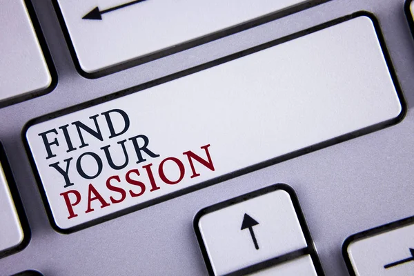 Word writing text Find Your Passion. Business concept for No more unemployment find challenging dream career written on White Keyboard Key with copy space. Top view.