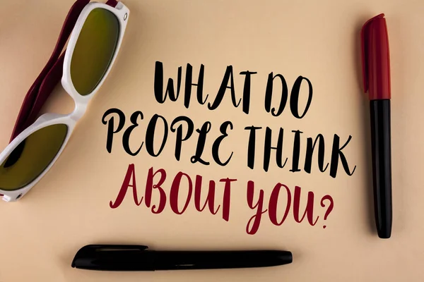 Word writing text What Do People Think About You Question. Business concept for This is how others judge you written on plain background Markers and Sun Glasses next to it. — Stock Photo, Image