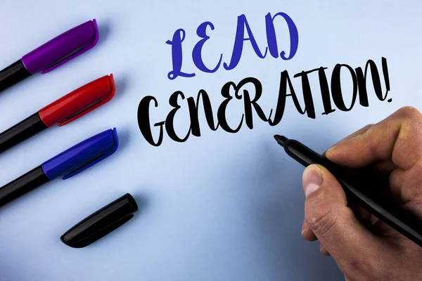 Conceptual hand writing showing Lead Generation Motivational Call. Business photo text Sales pipeline digital generating leads written by Man on plain background Markers next to it.