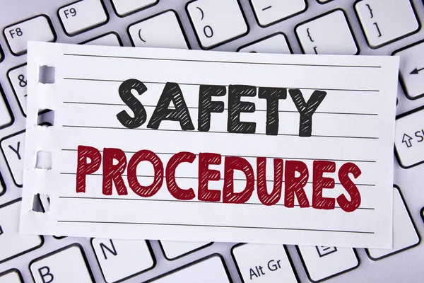 Text sign showing Safety Procedures. Conceptual photo Follow rules and regulations for workplace security written on Notebook paper placed on the Laptop. — Stock Photo, Image