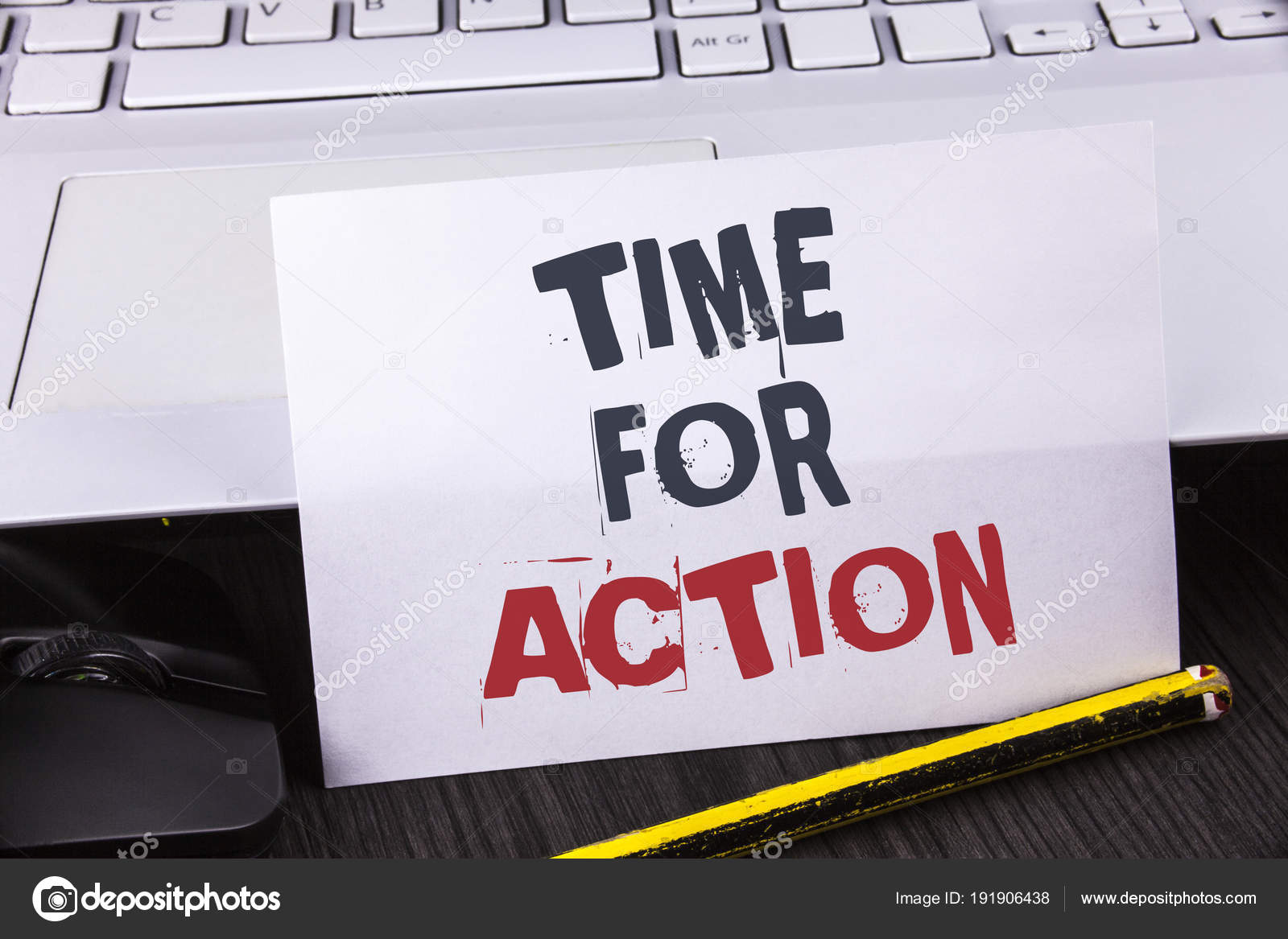 Handwriting text writing Time For Action. Concept meaning Do not sit idle  take initiative get work done duly written on Sticky note paper placed on  White Keyboard. Top view. Stock Photo
