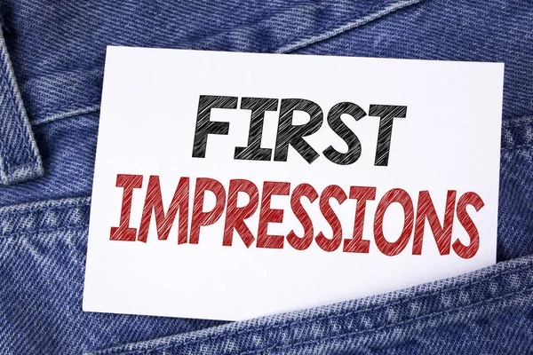 Text sign showing First Impressions. Conceptual photo Encounter presentation performance job interview courtship written on Sticky Note Paper on the Jeans background.