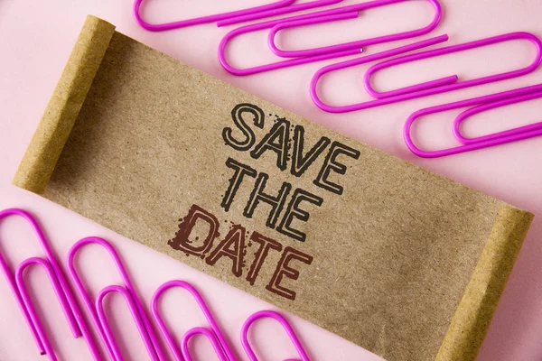 Handwriting text writing Save The Date. Concept meaning Organizing events well make day special by event organizers written on Folded Cardboard paper piece on plain background within Paper Pins. — Stock Photo, Image