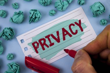 Gizlilik gösterilen metin işareti. Doğru-e doğru tutmak kişisel konularda ve bilgi adam tarafından Marker düz arka plan kağıt topları tutan boyalı not defteri kağıtta yazılı bir sır olarak kavramsal fotoğraf.