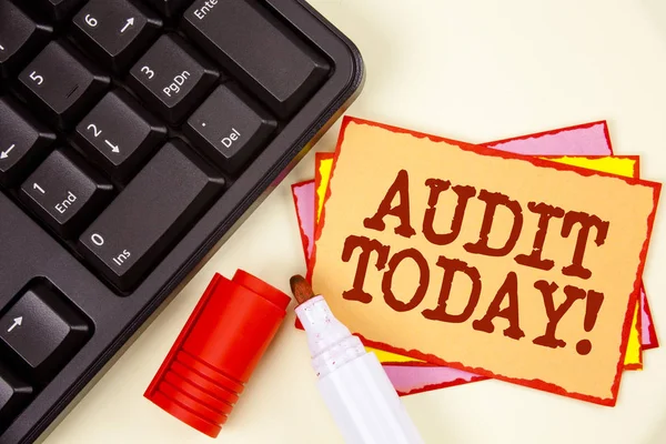 Word writing text Audit Today. Business concept for Inspection made right now to personal or organizational accounts written on Sticky Note paper on plain background Marker and Keyboard next to it. — Stock Photo, Image