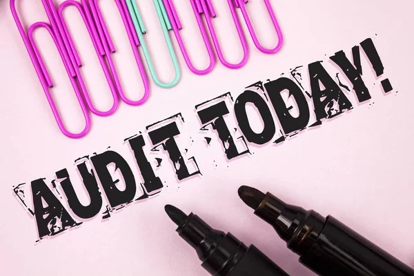 Handwriting text Audit Today. Concept meaning Inspection made right now to personal or organizational accounts written on Plain Pink background Paper Pins and Markers next to it. — Stock Photo, Image