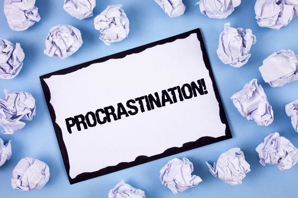 Word writing text Procrastination Motivational Call. Business concept for Delay or Postpone something boring written on White Sticky note paper within Paper Balls on Plain Blue background. — Stock Photo, Image