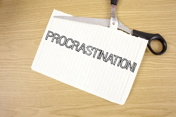 stock image Conceptual hand writing showing Procrastination Motivational Call. Business photo text Delay or Postpone something boring written on Tear Notebook Paper on wooden background Scissor.