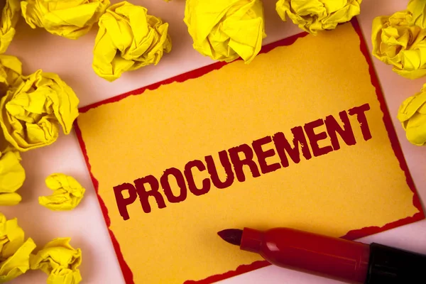 Writing note showing  Procurement. Business photo showcasing Obtaining Procuring Something Purchase of equipment and supplies written on Sticky Note paper within Paper Balls on plain background. — Stock Photo, Image