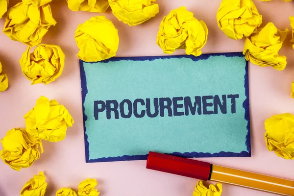 Writing note showing  Procurement. Business photo showcasing Obtaining Procuring Something Purchase of equipment and supplies written on Sticky note paper within paper balls on plain background Pen — Stock Photo, Image