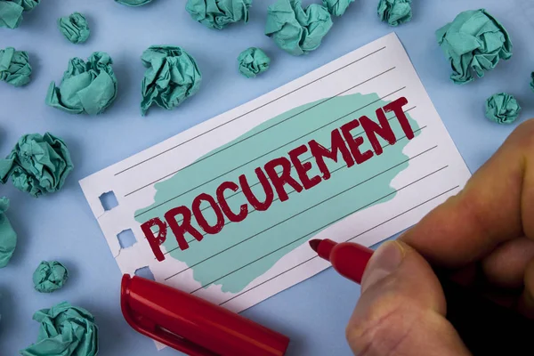 Text sign showing Procurement. Conceptual photo Obtaining Procuring Something Purchase of equipment and supplies written by Man on Painted Notepad Paper holding Marker plain background Paper Balls. — Stock Photo, Image