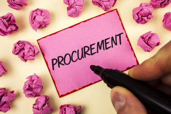 Text sign showing Procurement. Conceptual photo Obtaining Procuring Something Purchase of equipment and supplies written by Man on Sticky Note paper holding Marker on plain background Paper Balls. — Stock Photo, Image