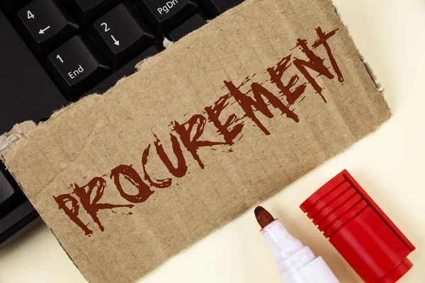 Text sign showing Procurement. Conceptual photo Obtaining Procuring Something Purchase of equipment and supplies written on Tear Cardboard Piece on plain background Keyboard and Marker next to it. — Stock Photo, Image