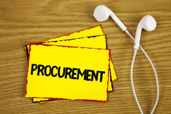 Word writing text Procurement. Business concept for Obtaining Procuring Something Purchase of equipment and supplies written on Yellow Sticky Note Paper on wooden background Handsfree next to it. — Stock Photo, Image