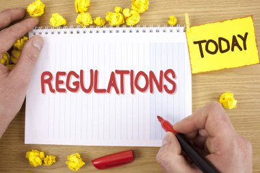 Metin işaret gösteren yönetmelik. Kavramsal fotoğraf kuralları yasaları kurumsal standartları ilkeleri güvenlik işaretçisi ahşap tutunarak not etmek üstünde adam tarafından yazılmış ifadeleri bugün kağıt topları arka plan,