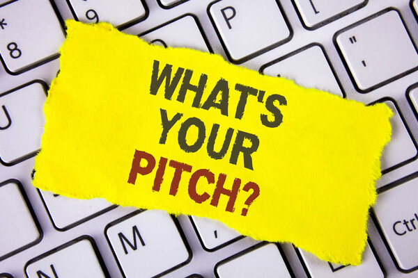 Text sign showing What Is Your Pitch Question. Conceptual photo Present proposal Introducing Project or Product written on Tear Sticky note paper placed on White Keyboard. Top View.