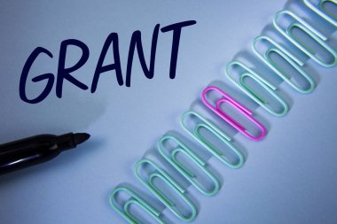 Word metin yazma Grant. Bir amaç düz mavi arka plan üzerinde ataç ve damgalı yanında yazılı burs için bir organizasyon veya hükümet tarafından verilen para için iş kavramı.