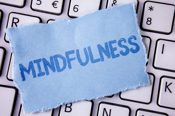 stock image Word writing text Mindfulness. Business concept for Being Conscious Awareness Calm Accept thoughts and feelings written on Tear Sticky note paper piece placed on White Keyboard. Top View.