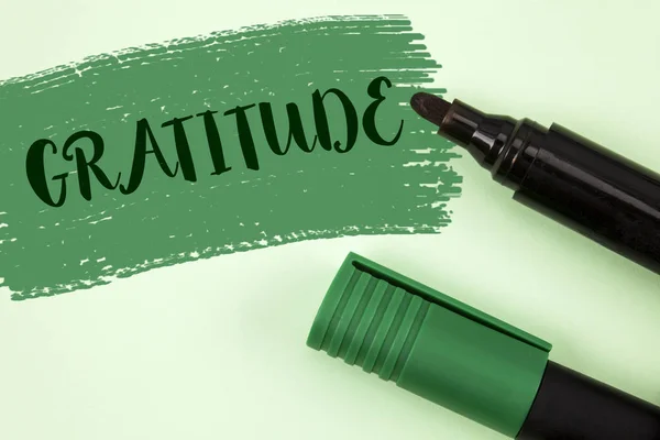 Sinal de texto mostrando Gratidão. Foto conceitual Qualidade de ser grato Apreciação Gratidão Reconhecimento escrito em fundo verde pintado Marcadores ao lado dele . — Fotografia de Stock