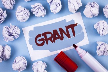 El yazısı metin Grant. Bir amaç düz arka plan Marker kağıt topları içinde boyalı yapışkan not kağıdına yazılı burs için bir organizasyon veya hükümet tarafından verilen para anlam kavramı.