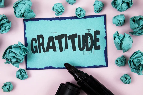 Word writing text Gratitude. Business concept for Quality of being thankful Appreciation Thankfulness Acknowledge written on Sticky Note paper on plain Pink background Paper Balls and Marker. — Stock Photo, Image