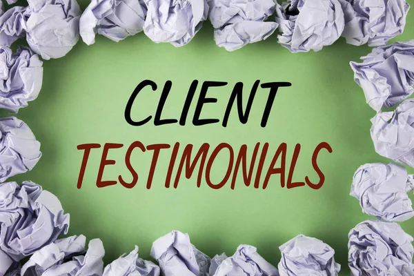Handwriting text writing Client Testimonials. Concept meaning Customer Personal Experiences Reviews Opinions Feedback written on plain grean background within White Paper Balls.