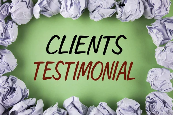 Handwriting text writing Clients Testimonial. Concept meaning Customers Personal Experiences Reviews Opinions Feedback written on plain grean background within White Paper Balls.