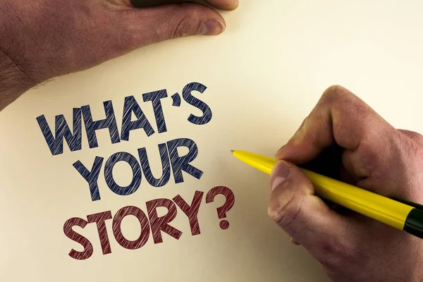 Word writing text What Is Your Story Question. Business concept for Telling personal past experiences Storytelling written by man on plain background holding Pen in Hand. — Stock Photo, Image