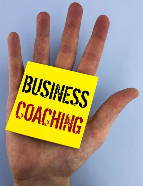 Writing note showing  Business Coaching. Business photo showcasing consulting expert your field Experience improvement written on Sticky Note Paper on the plain blue background Hand.