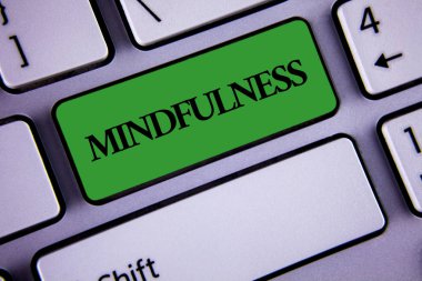 Word metin yazma Mindfulness. İş kavramı kopya alanı ile yeşil anahtar düğme üstünde beyaz klavye üzerinde yazılı duygu ve düşüncelerini olmak bilinçli farkındalık sakin kabul için. Üstten Görünüm.
