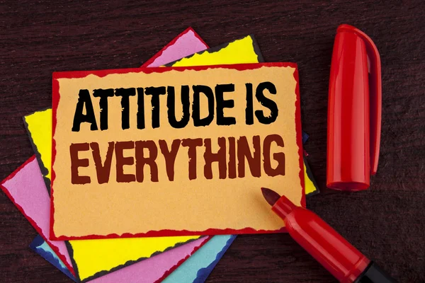 Conceptual hand writing showing Attitude Is Everything. Business photo showcasing Motivation Inspiration Optimism important to succeed written on Sticky note paper on wooden background Marker. — Stock Photo, Image